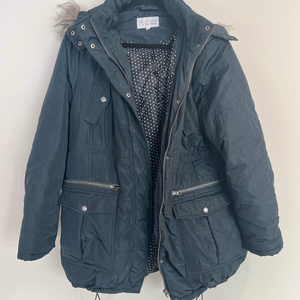 Momo Maternity Navy Blue Quilted Puffer Coat with Faux Fur Hood